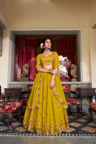 Women Georgette Sequins And Thread Embroidery Work Lehenga