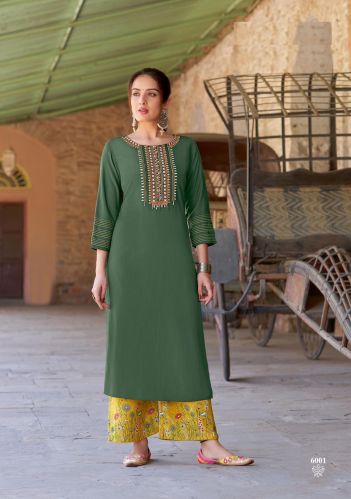 Women Heavy Embroidery Handwork Rayon Print Kurti Set