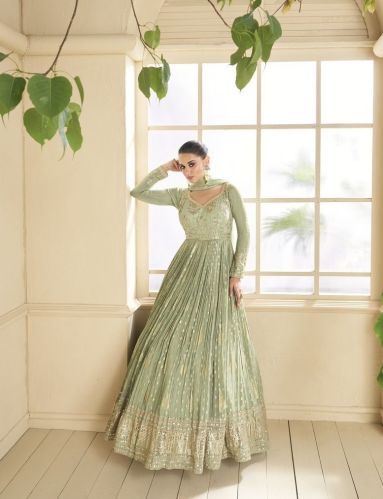 Women Heavy Viscos Jacquard Coding Sequence Embroidered Work Gown