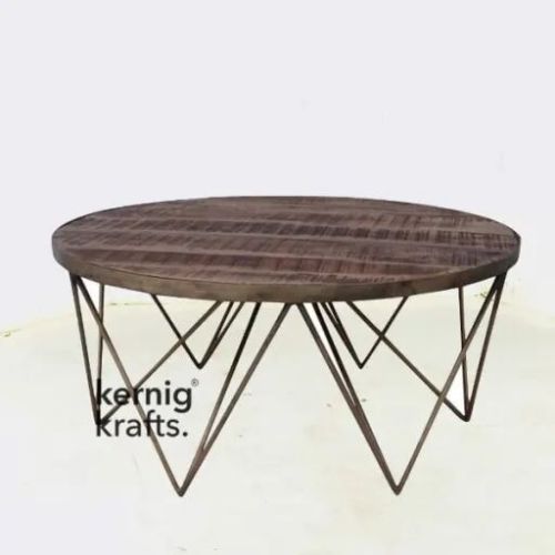 Rustic Mango Wood Top Industrial Round Coffee Table
