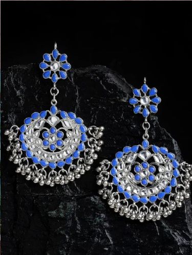 Antique Blue Kundan Studded Oxidised Silver Handcrafted Chandbali Earrings