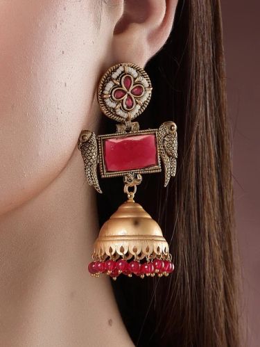 Gold Plated Red Stone Studded Dangler Jhumki Earrings for Women