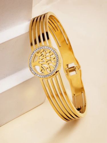 Gold-Plated White Cubic Zirconia Studded Bangle-Style Bracelet for Women