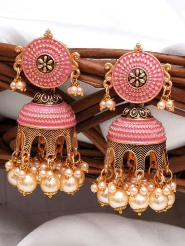 Karatcart Antique Gold Plated Pinktomb Style with Golden Pearl Jhumki Earrings