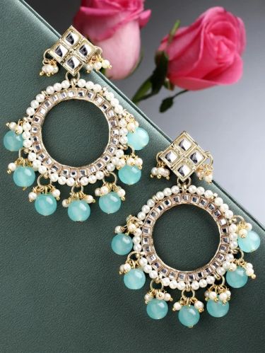 Karatcart Gold Plated Light Blue Beads Kundan Hoop Earrings