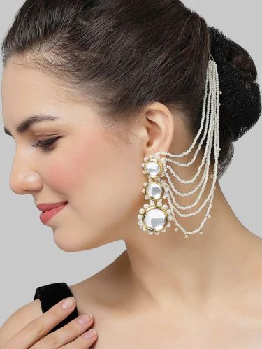 Karatcart Gold Plated Polki Kundan Pearl Kaanchain Earrings