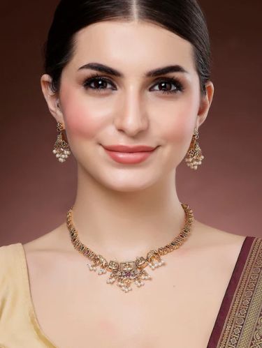 Karatcart Gold Plated Red and Green Stones Laxmi Mata Temple Necklace Set