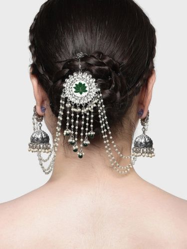 Karatcart Oxidised Silver Green Meena Kundan Jhumki Earrings with Juda Pin