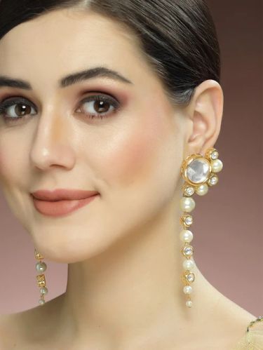 Karatcart Polki Kundan Pearl Drop Earrings for Women