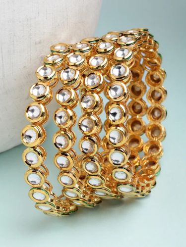 Karatcart Set OF 4 Antique Gold Plated Round Polki Kundan Rajwadi Bangles for Women