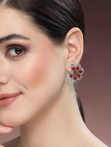 Karatcart Silver Plated Moon Design Red Cubic Zirconia Stud Earrings