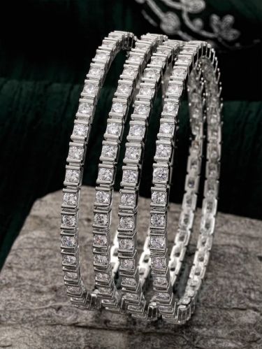 Karatcart Silver Plated Set OF 4 Round American Diamond Studded Bangles for Women