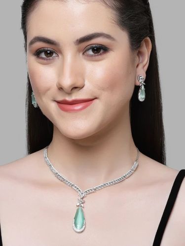Karatcart Silver Tone Light Green Drop Shape Cubic Zirconia Studded Jewellery Set