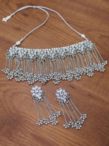 Oxidised Silver Tone Tassel Pearl Silver Ball Studded Kundan Choker Necklace Set