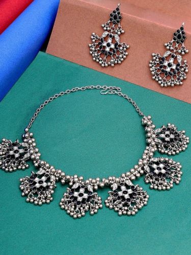 Women Black Oxidised Silver Plated Stone Studded Necklace Set