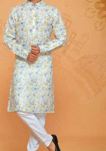 Cotton Printed Mens Kurta, Color : Yellow, White