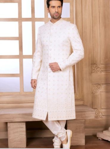 Cream Dori Embroidered Silk Wedding Sherwani For Mens