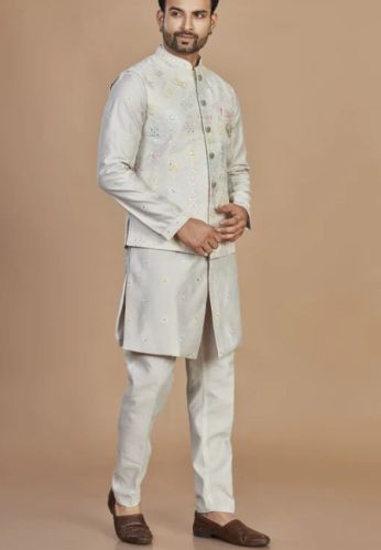 Grey Embroidered Men Kurta Set With Koti