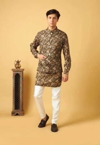 Silk Men Floral Printed Waistcoat Set, Color : Black, Golden