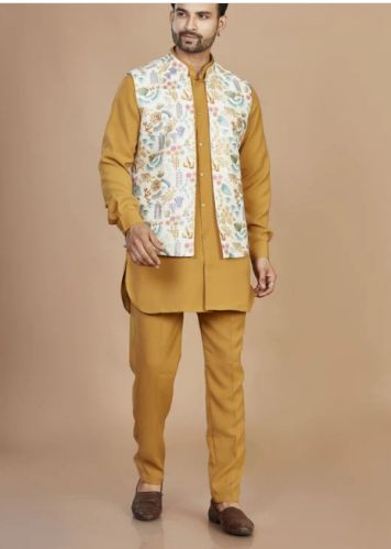 Floral Print Men Mustard Yellow Designer Waistcoat Set