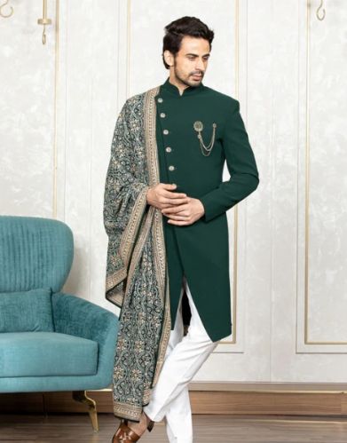 Silk Men Plain Black Indo Western Sherwani
