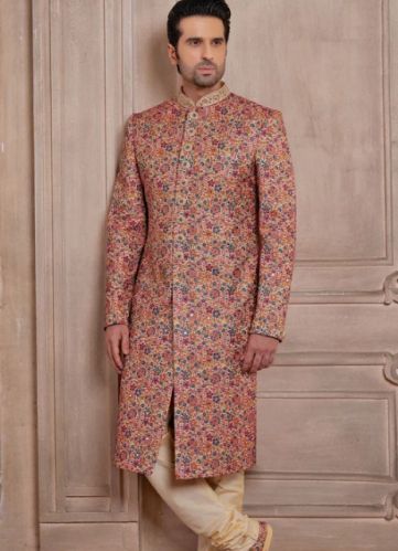 Peach Zari & Tread Worked Sherwani For Mens