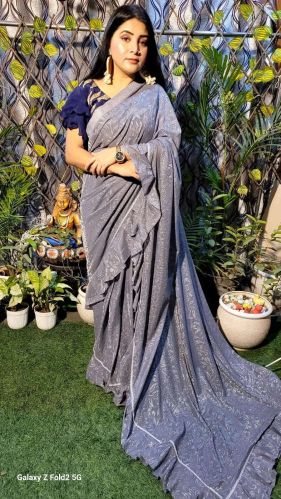 Women Grey Shimmer Ruffle Saree