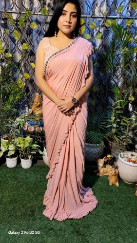Women Peachy Peach Drape Ruffle Saree