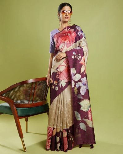 Beige Embroidered Blended Tussar Silk Saree