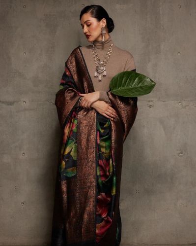 Black Banarasi Tussar Silk Saree Traditional, Festive