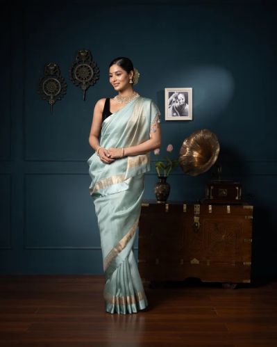 Blue Chanderi Silk Saree, Work : Woven Zari Checks
