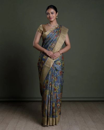 Blue Hand Painted Handloom Tussar Saree Dressy, Subtly Elegant