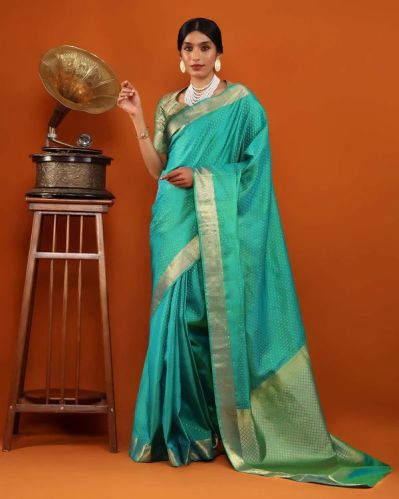 Blue Kanjivaram Silk Saree, Work : Woven Zari Buttis