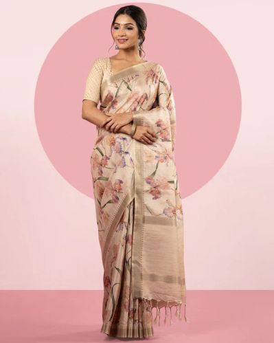 Cream Floral Blended Tussar Silk Saree