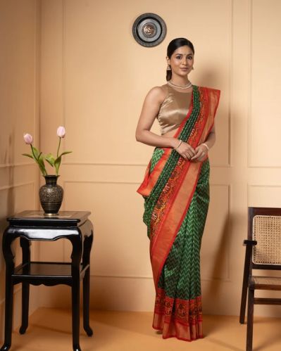 Green Ikkat Silk Saree, Color : Mustard Yellow