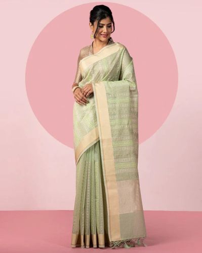 Green Thread Embroidered Fancy Blended Orangza Silk Saree