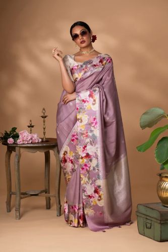 Lavender Banarasi Tussar Silk Saree, Color : Floral Printed