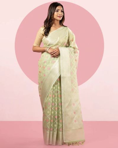 Lime Green Woven Fancy Blended Kora Cotton Saree