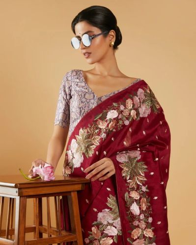 Maroon Embroidered Fancy Blended Tussar Silk Saree