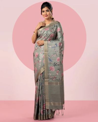 Olive Green Floral Blended Tussar Silk Saree