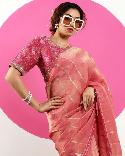 Peach Fancy Blended Organza Tissue Silk Embroidered Saree
