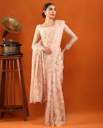 Peach Organza Silk Saree, Color : Pink