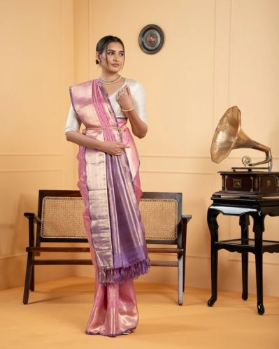 Pink Pure Silk Saree, Work : Gold Zari Brocade Weave