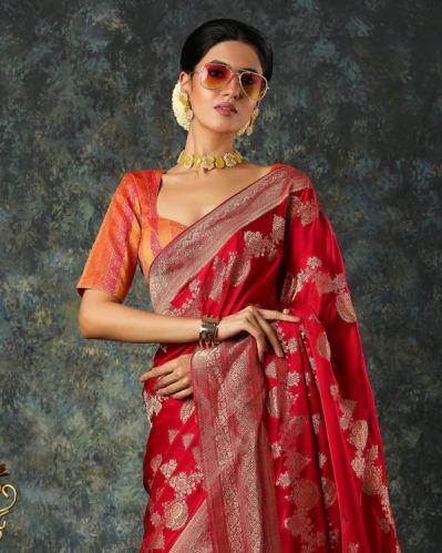 Pink Woven Zari Fancy Blended Banarasi Satin Silk Saree