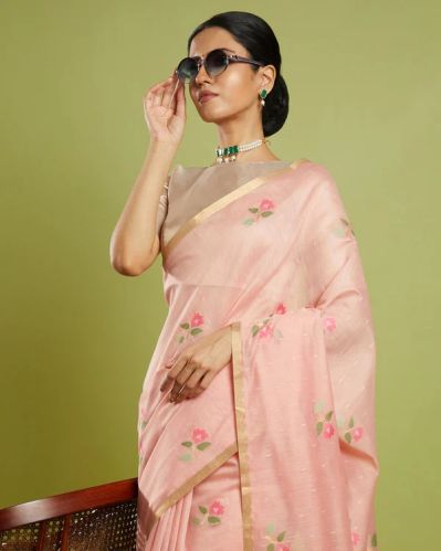 Pink Zari Thread Woven Blended Cotton Saree