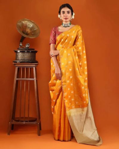 Yellow Kanjivaram Silk Saree, Work : Checks With Woven Zari Buttis