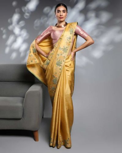 Yellow Tussar Silk Saree, Work : Thread Embroidery