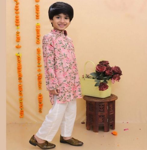 Cotton Boys Pink Floral Print Kurta Pajama Festive Wear