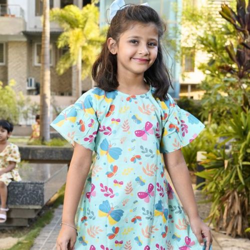 Girls Cotton Butterfly Print Shirt Frocks, Color : Multicolor