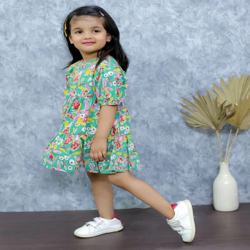 Printed Girls Cotton Puff Sleeve Frocks, Color : Green Party Wear